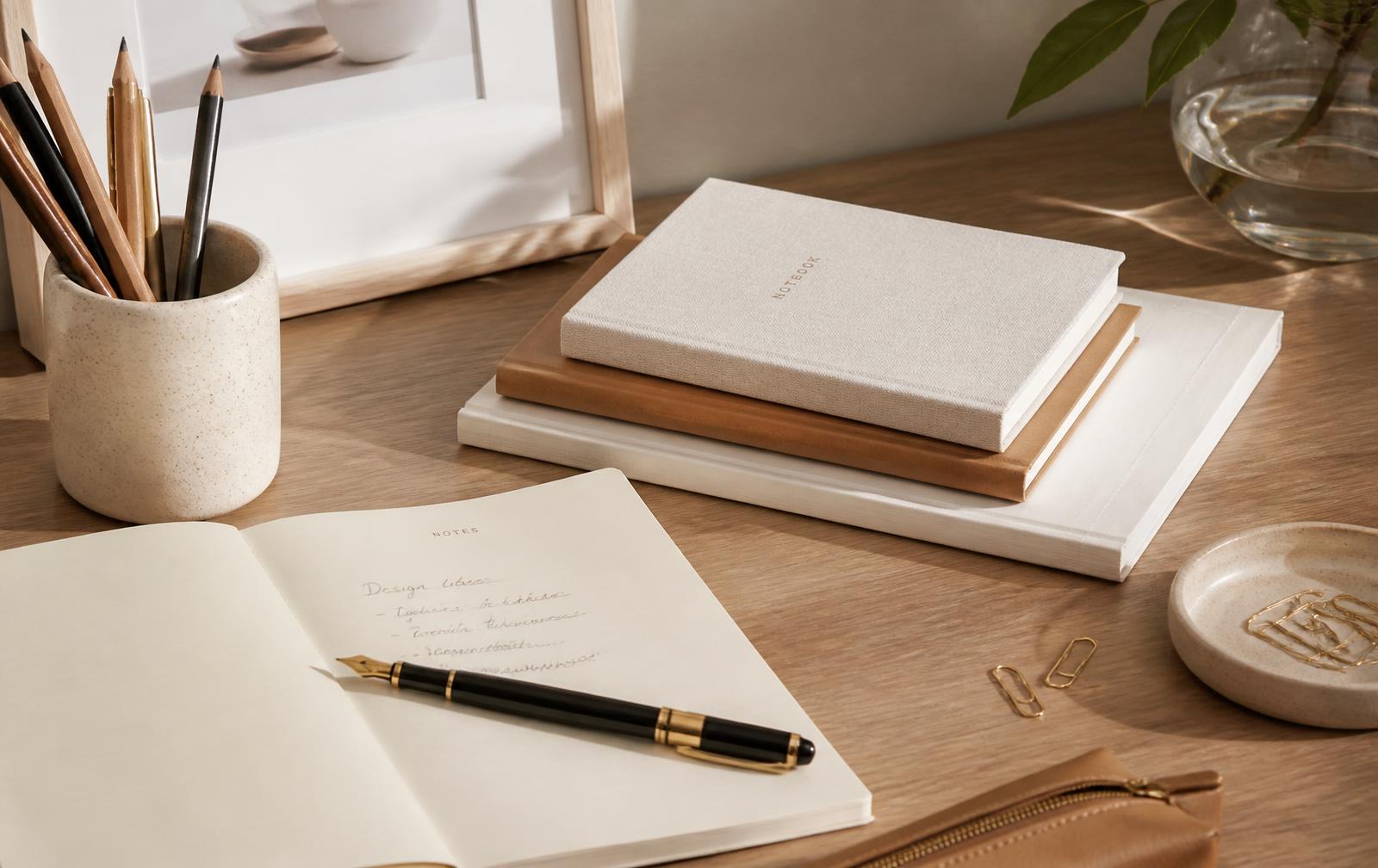 Wooden desk with notebooks, a fountain pen and pencils in a ceramic cup